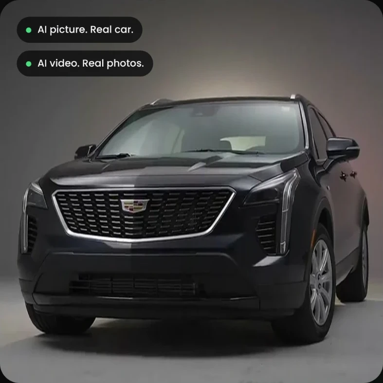 2019 Cadillac XT4 Luxury in black, front three-quarter view, in a grey studio, an AI picture of the real car, with the two labels StudioOS shows in the app: AI picture, real car, and AI video, real photos.