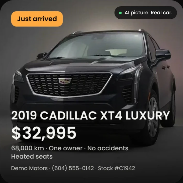 2019 Cadillac XT4 Luxury in black, front three-quarter view in a grey studio, as a Just arrived post: $32,995, 68,000 km, one owner, no accidents, heated seats, Demo Motors, (604) 555-0142, stock #C1942. An example car and example numbers, labeled AI picture, real car.