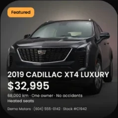 2019 Cadillac XT4 Luxury in black, front three-quarter view in a grey studio, as a Featured post with its price, km and stock number.