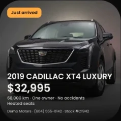 2019 Cadillac XT4 Luxury in black, front three-quarter view in a grey studio, as a Just arrived post with its price, km and stock number.