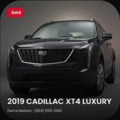 2019 Cadillac XT4 Luxury in black, front three-quarter view in a grey studio, as a Sold post.