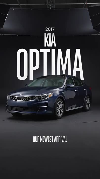 A frame from a vertical StudioOS reel of a dark blue 2017 Kia Optima, made from a dealer’s photos. AI video, real photos.